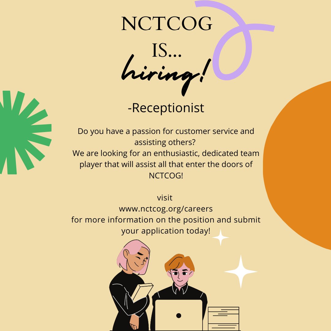 We're hiring for a receptionist to greet and assist all that enter NCTCOG🤝 Click the link below for more information🖱️🖥️ jobs.silkroad.com/NCTCOG/Careers #nowhiring #newjobopportunity #receptionist #NCTCOG