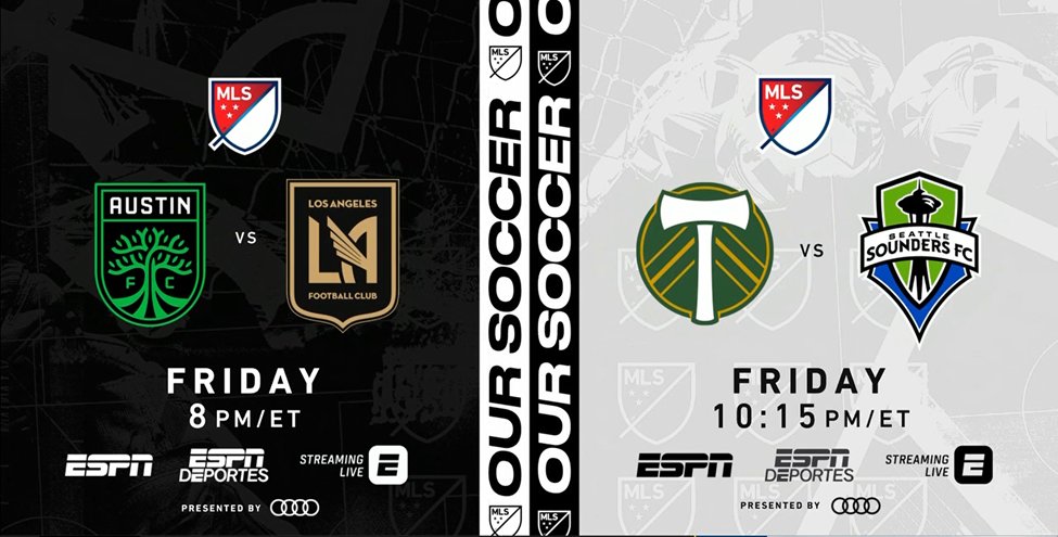 Another showcase night for @MLS on ESPN w/ a big doubleheader: ⚽️ 8p ET: #Verde vs #LAFC @JonChampionJC & @TaylorTwellman ⚽️ 1015p: #RCTID vs #Sounders @JakeZivin @KaseyKeller18 & @CrisAlexESPN