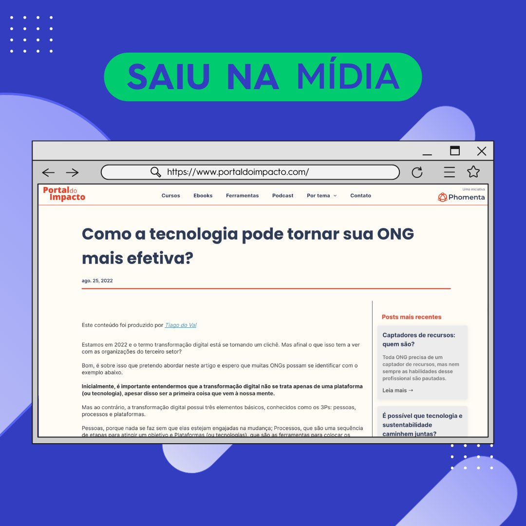 oHubDoBem's tweet photo. Vocês viram? 

O Portal do Impacto, uma iniciativa da Phomenta que publica conteúdos sobre o Terceiro Setor, postou um texto nosso muito legal sobre como a tecnologia pode tornar sua ONG mais efetiva. 

Boa leitura! 
https://t.co/UOyoeuWviy

#hubdobem #portaldoimpacto #phomenta https://t.co/McgIL1nCVe