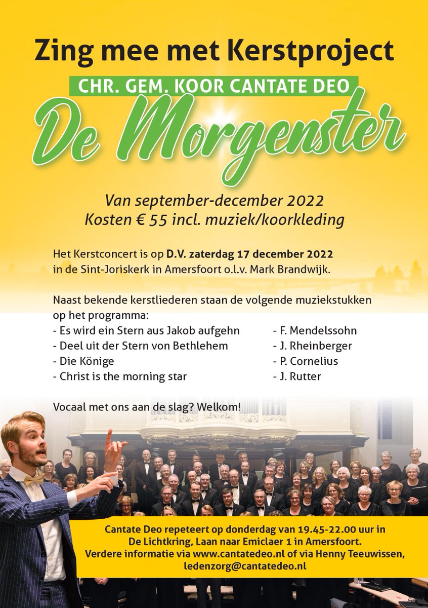 Kerstproject 'De Morgenster' o.l.v. Mark Brandwijk start 1 september a.s. De hele maand september kun je starten. Zing je ook 3 maanden mee? Van harte welkom. Zie voor meer info: cantatedeo.nl of neem contact op met Henny Teeuwissen 06-630142438