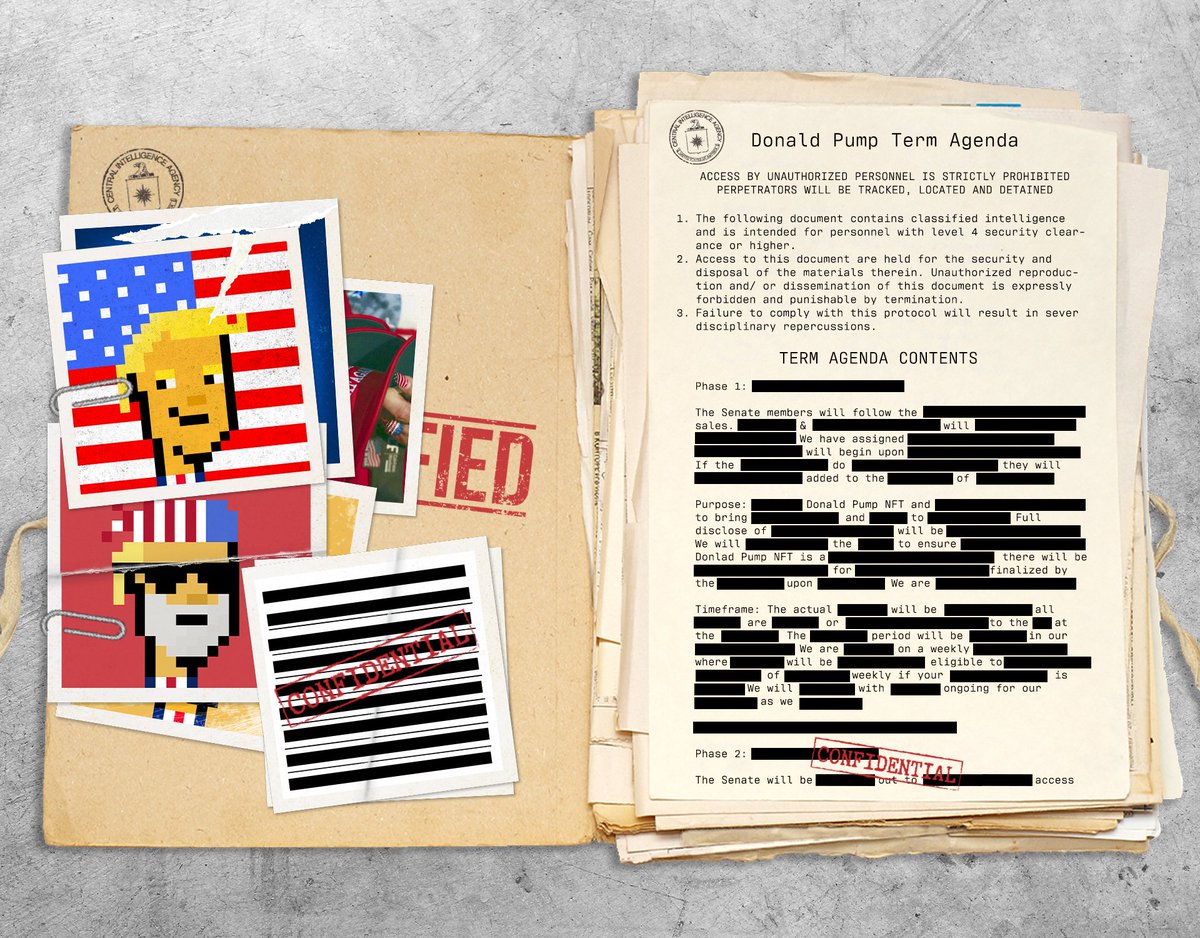 DonaldPumpNFT's tweet photo. 🚨CLASSIFIED INTEL LEAK🚨

Phase 1 of Donald Pumps Term Agenda plan has been leaked. The Secret Service has informed Donald Pump the full version will be released in discord before his AMA today. His statement will be released shortly.

Like RT &amp; Comment for Candidates list 🫡🇺🇸 https://t.co/cJKmoqC49L