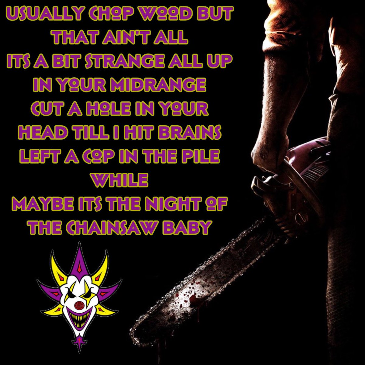 IvyKilla's tweet photo. Maybe its the night of the chainsaw baby
#whoopwhoop #juggalo #juggalette #juggalofamily #juggalo4life #psychopathicrecords #insaneclownposse #mightydeathpop https://t.co/AUQf9S7axZ