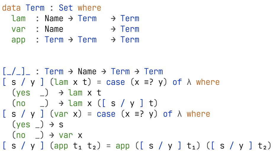 eclecnant's tweet photo. Dear #pltwitter, 1st screenshot is a standard substitution function for closed λ terms. 2nd screenshot is capture avoiding for open λ terms, without needing to α rename (see normalizer in third screenshot). Is the technique in the 2nd+3rd well-known/documented in the literature? https://t.co/jSP5r3yxh0
