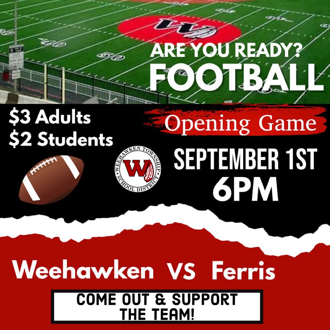 WeehawkenTSD's tweet photo. Thursday, 9/1 - opening game! Weehawken vs Ferris! @EricCrespoEDU @FAmato53 @al_orecchio @RobFerullo4 @SuzanneMera @McginleyIsabel @StefanieCirill1 @WTSDGuidance53 @DeStefanoEDU @MrsCullinane @bcalligy @BriannaReganEDU @WHSAthletics53 @Coach_Campi @gioahmad https://t.co/EI0bt3kefS
