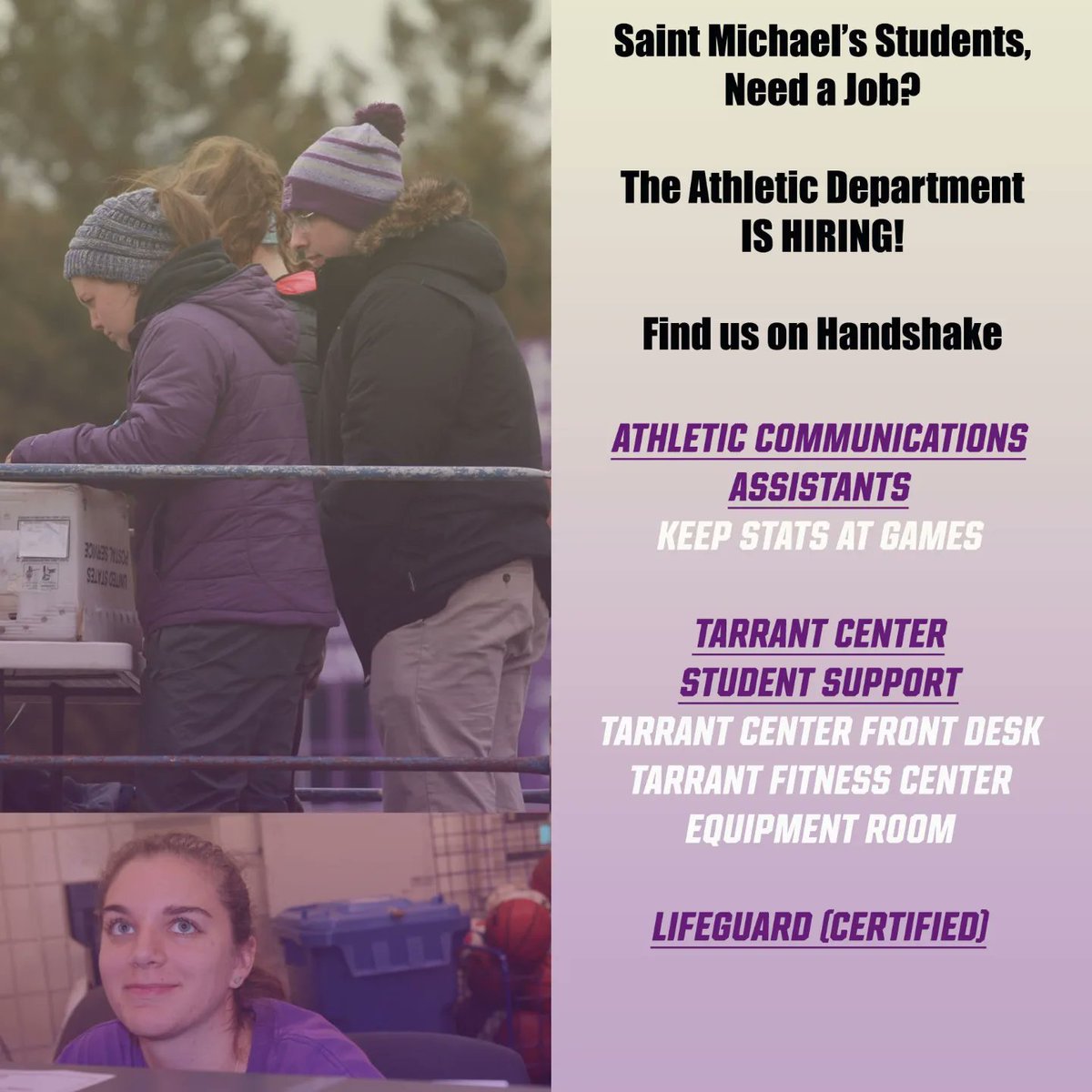 smcathletics's tweet image. Welcome back, @saintmichaels students, and a special hello to the Class of 2026!

Looking for a job? Athletics is hiring! Visit app.joinhandshake.com to apply, or email jkessler@smcvt.edu about graphics/visual storytelling positions

#smcpks #smcvt #ne10embrace