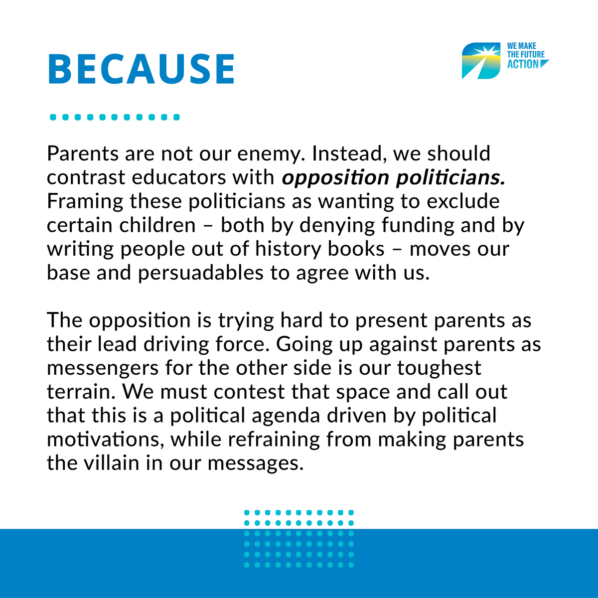 WMTFAction's tweet photo. Today’s Messaging Monday: Parents are not our enemy. The real enemies are the Trump Republicans who are trying to ban books and prevent our kids from receiving an accurate and honest education. We must call out their politically motivated agenda. https://t.co/CuUEvrIj1S