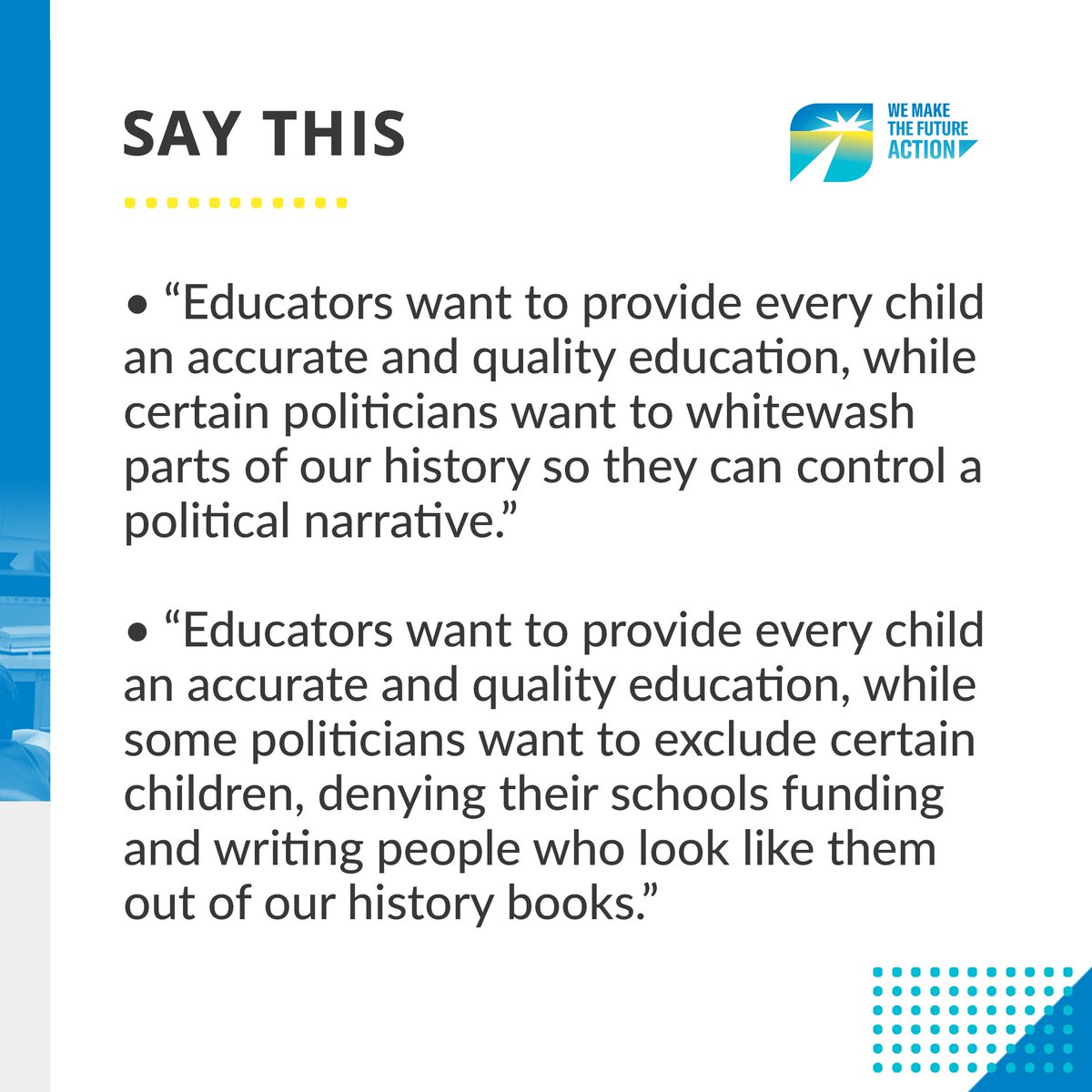 WMTFAction's tweet photo. Today’s Messaging Monday: Parents are not our enemy. The real enemies are the Trump Republicans who are trying to ban books and prevent our kids from receiving an accurate and honest education. We must call out their politically motivated agenda. https://t.co/CuUEvrIj1S