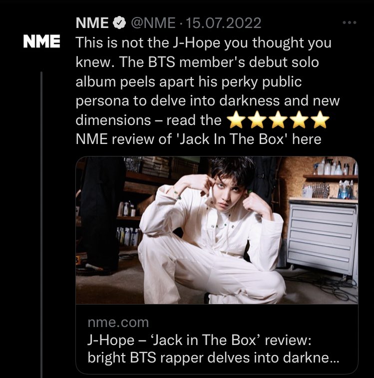 MapOfTheHoseok's tweet photo. 5 stars from NME was a really big thing cuz even BTS’s albums couldn’t get five stars… JITB is a masterpiece and everyone who interested in music knows that.. I’m sooo proud of you Jung Hoseok and pls never forget that you are too much for that plastic industry!!

#jhope https://t.co/6dFcsNohkQ
