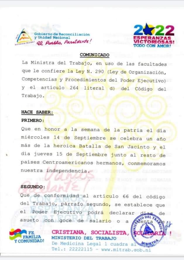 DanielMiPresid1's tweet photo. #Ahora
Nuestro #BuenGobierno a través del #MITRAB de #Nicaragua emite comunicado sobre días de asueto con goce de salario a partir del #9Sept al finalizar jornada ordinaria hasta el 18 para trabajadores del sector público.
Detalles👇🏻
#NicaraguaLinda #PuebloConscienteSiempre https://t.co/k41BUyDmUL