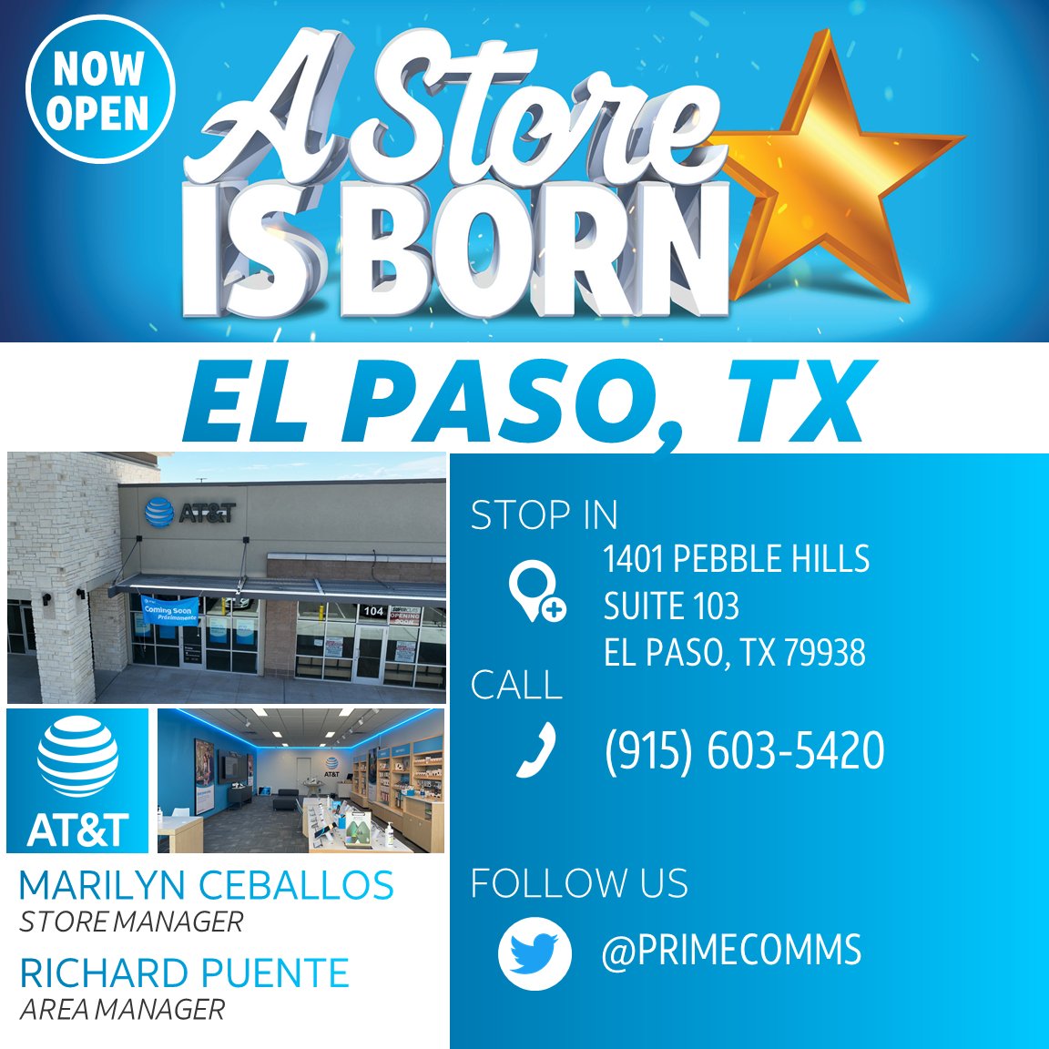 NTX_Market's tweet image. Join us in welcoming Marilyn and team to the NTX Market as they open the Pebble Hills location in El Paso today! Make sure you stop in for all your wireless and home service needs!

@Liz_Arch1 @silverlogic @EPTXMarket @PrimeComms  @ksusig @SSanjuaneloS @LynetteMAguilar