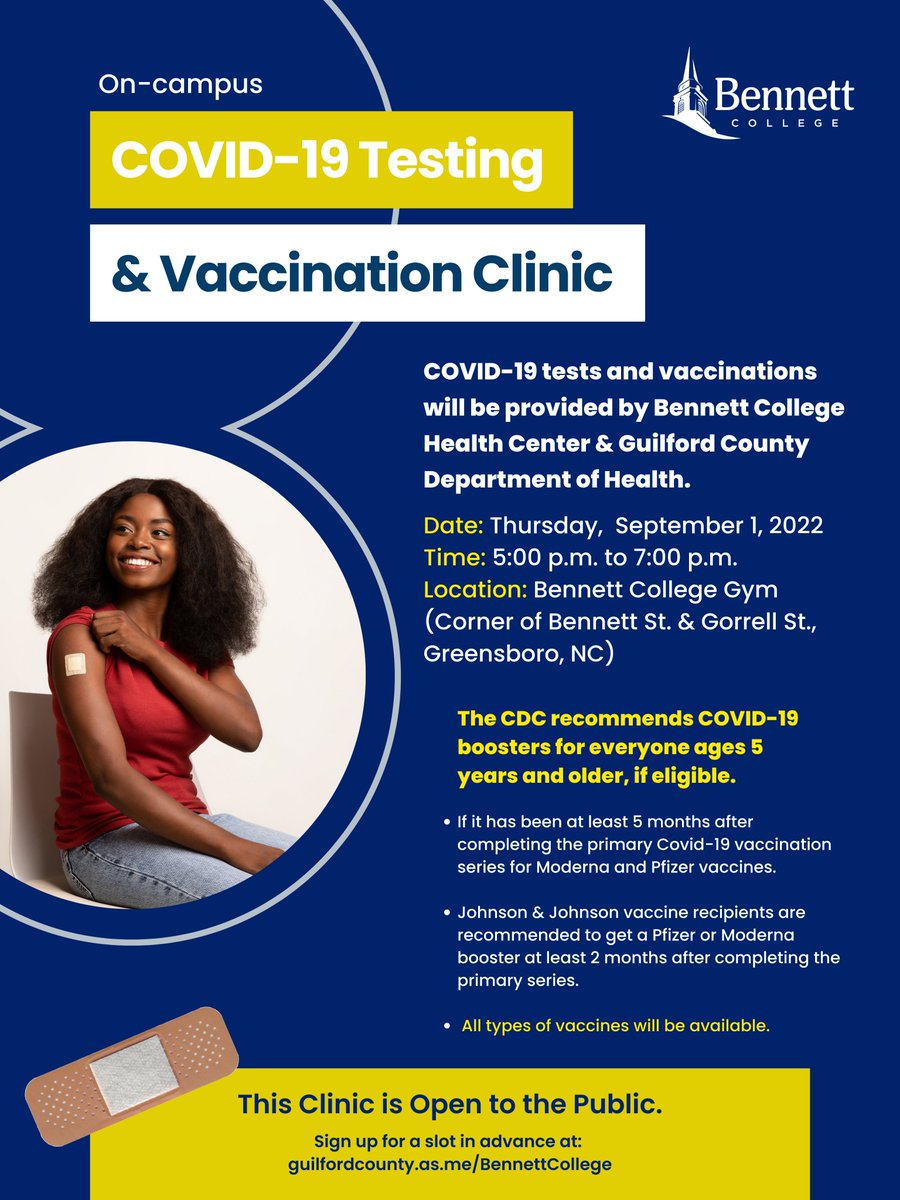 BennettCollege's tweet photo. Great news – there will be an on-campus COVID-19 clinic provided by Bennett College Health Center &
@gcschoolsnc Department of Health on September 1, 2022. 💙🔔
This clinic will be open to the public.
#COVIDTestingCenter #COVIDVaccination #Vaxxed #COVID19 #CampusNews https://t.co/jHxtcszhZ4