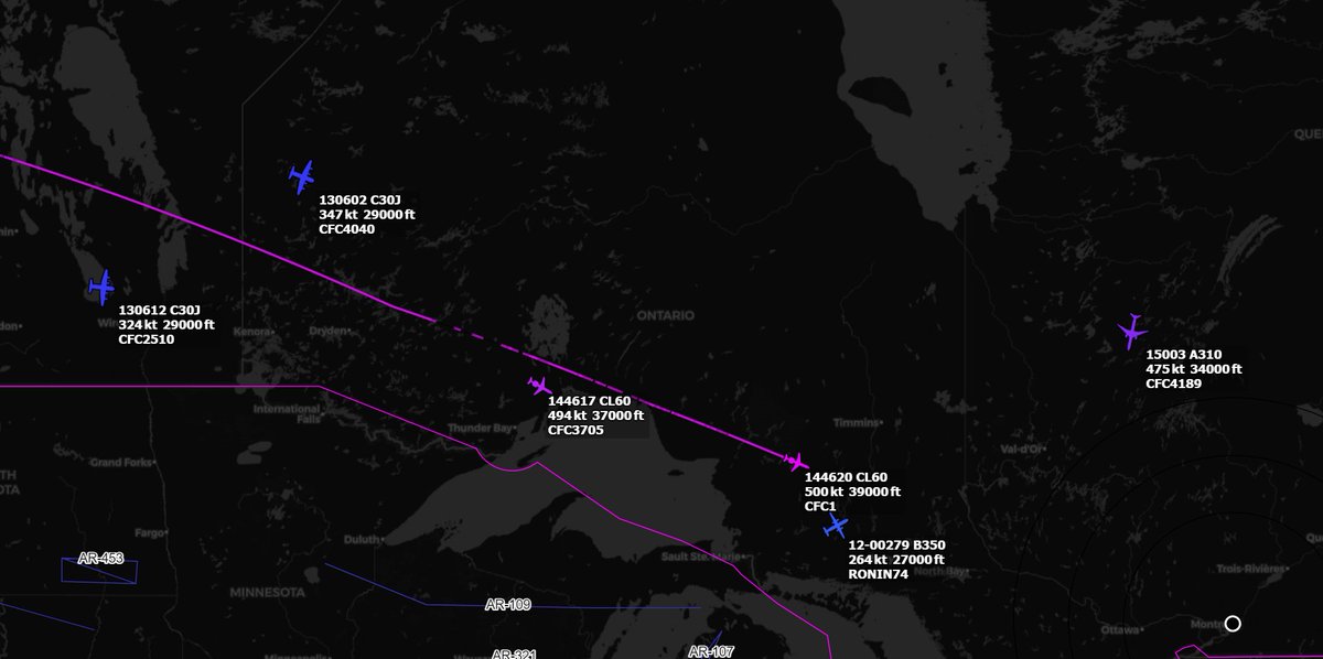 yulaviation's tweet photo. #RCAF C130s #CFC2510 and #CFC4040 heading East and #USAF BE50 #RONIN74 aiming for North Bay  with #CFC1 Heading back to #CYOW from Alberta. #CFC4189 CC-150 Back from some work up north.
#haveglass #avgeek #avgeeks #ADSB #planespotting #aviation #aviationdaily https://t.co/UEIl3hdhDM