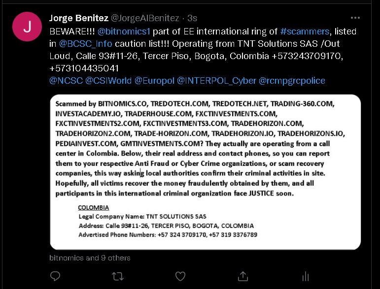 JorgeAlBenitez's tweet photo. Aprovechando tratado, autoridades en #Colombia y #ElSalvador,  deben investigar "callcenter" TNT Solutions/Out Loud, el cual esta operando para delinquir internacionalmente desde #Bogota:
Calle 93#11-26, Tercer Piso
+57 324 3709170,+57 313 2653851@petrogustavo
 y  @bitnomics1 https://t.co/DyFgnBMymS