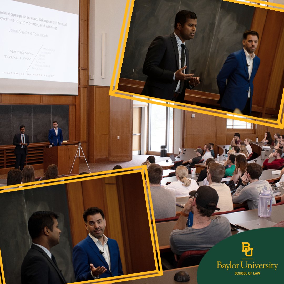 Thank you to <a href="/Txtriallawyer/">Jamal Alsaffar</a> (JD '00) &amp; <a href="/fedtrial/">Tom Jacob</a> (JD'09) of the <a href="/NatlTrialLaw/">National Trial Law</a> firm for sharing about the lessons learned from Sutherland Springs Massacre case. Your commitment to justice and your clients are a shining example for our students of a #BaylorLawyer's call to serve!