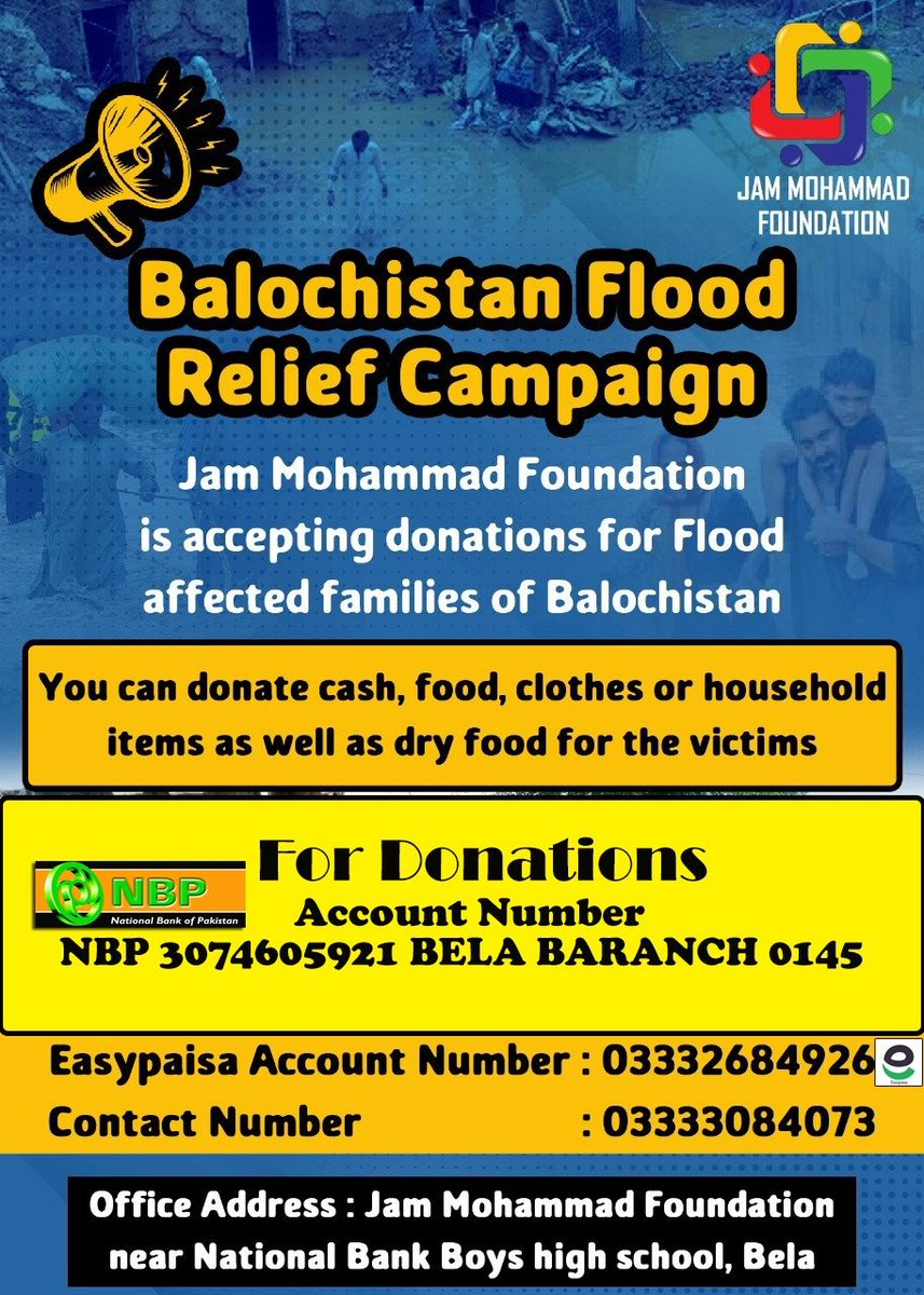 JamMohammadFou1's tweet photo. Lasbela Needs Your Help 

Support The Jam Muhammad Foundation to help the distressed people during this difficult time

#bela #FloodDamage #RainDamage #Lasbela #LasbelaFlood #Relief

@AlkhidmatOrg @UNHumanRights @universetype1 @pti_dewani @p4pakipower @fezancheema @muskaaankhan https://t.co/YvEyWWjNBo