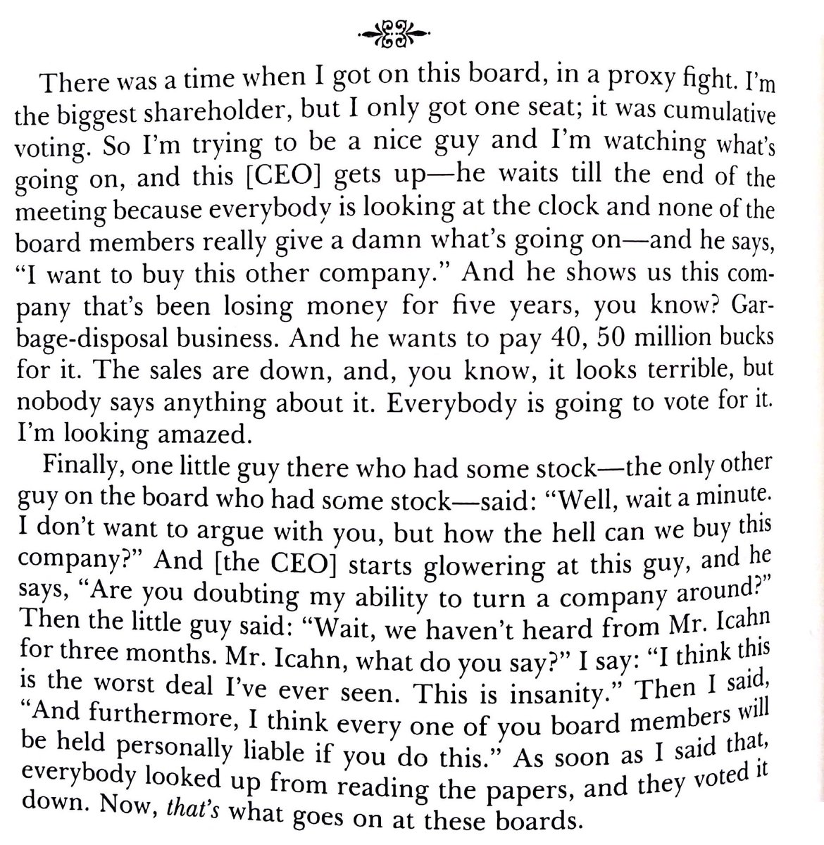QCompounding's tweet photo. Carl Icahn on what's really going on at board meetings. 

This is truly ridiculous: https://t.co/ZKRpAffNvI