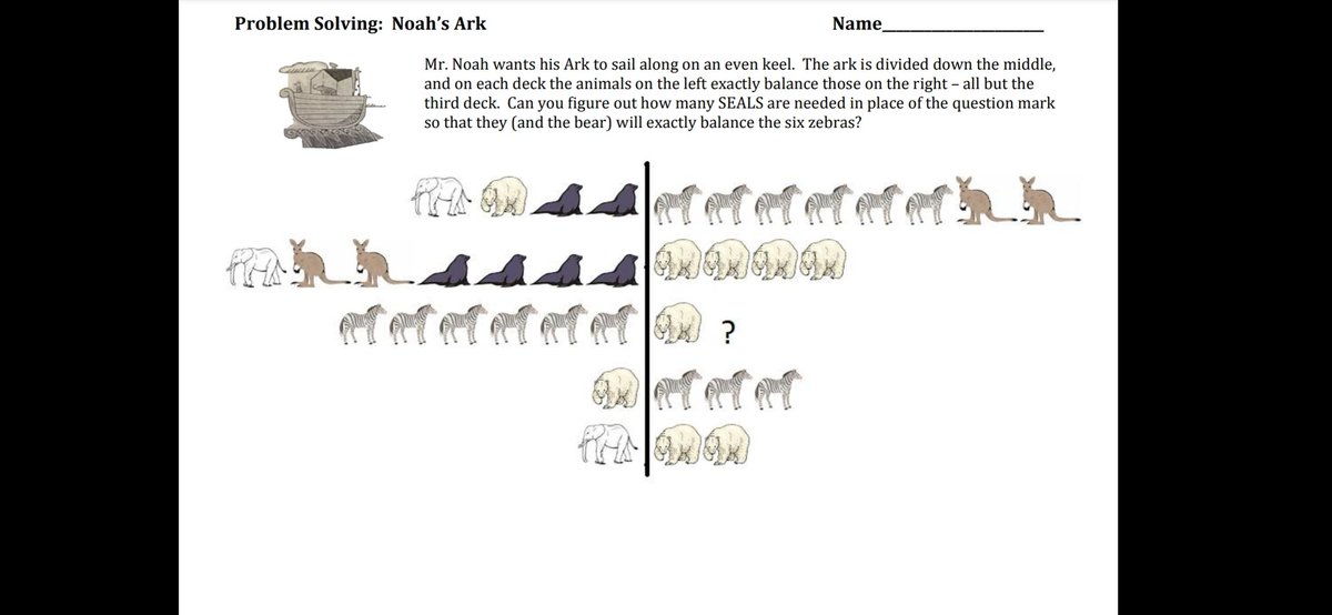 kkpeace1's tweet photo. What better way to kick off our first Algebra unit than with a little problem solving task?! Can you figure out how many seals go in the question mark? Students refused to give up and even went back to work on it more after finishing other class work! https://t.co/eE3h8o9k8f