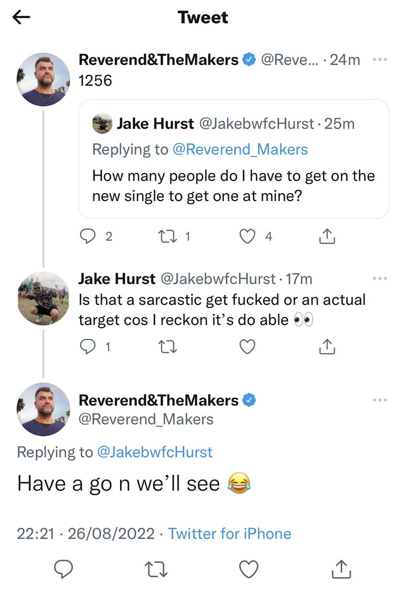 JakebwfcHurst's tweet photo. Evening lovely people of twitter, @Reverend_Makers have said if I get 1256 of you on their new single there’s potential of a gig @ my house so please do what you do best &amp; help a man out 🤞 

Please RT &amp; like n get the tune in your playlist, love u all x

https://t.co/Zk73CnV239 https://t.co/tHIgYpEQr6