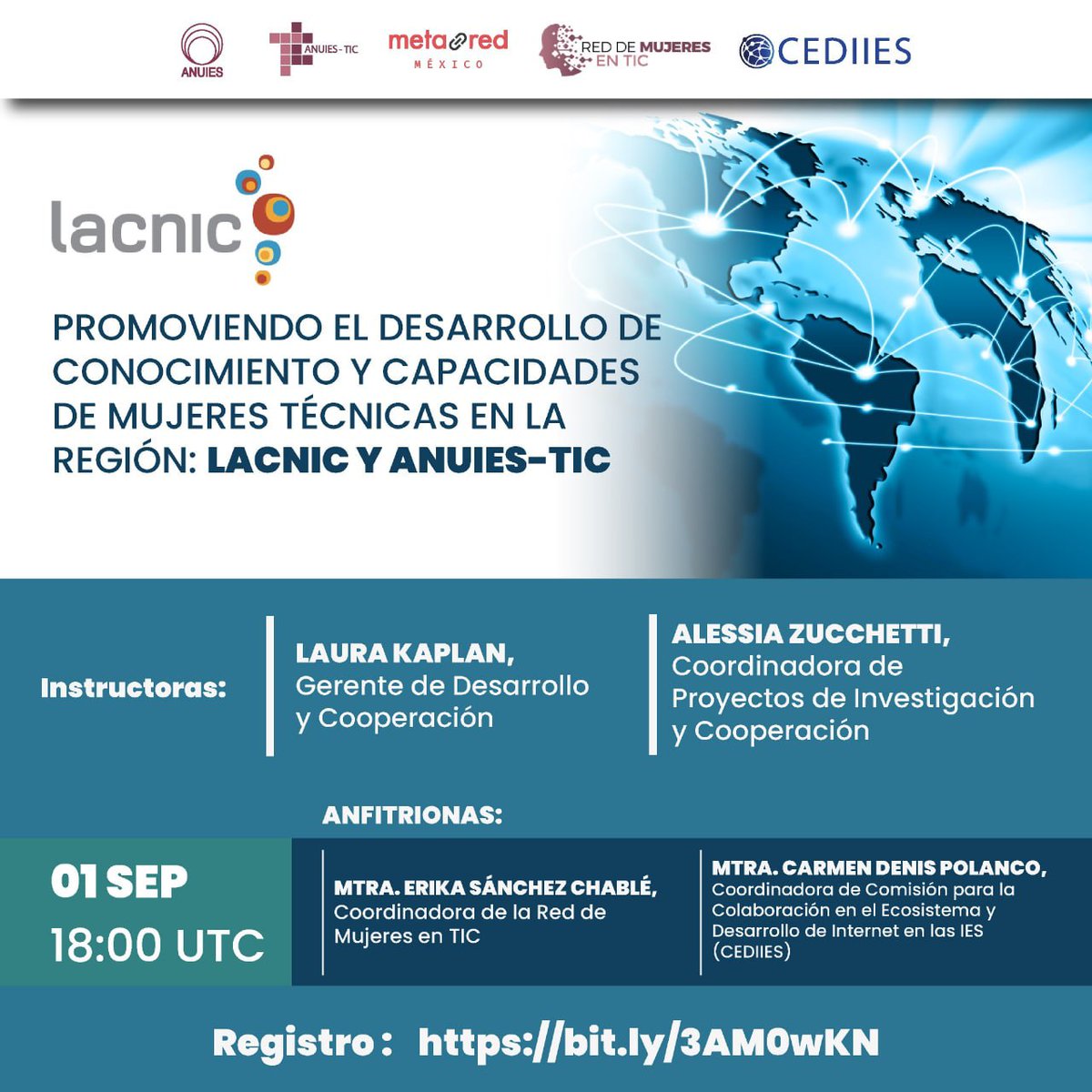 anuiestic's tweet photo. @lacnic  @anuiestic @MetaRedMx @cediies y la @RedMujeresTic lo invitan a la conferencia "Promoviendo el desarrollo de conocimiento y capacidades de mujeres técnicas en la región: Lacnic y ANUIES-TIC".
📅SEP1 
🕐1PM (CDMX)
¡No se la puede perder!
Registro👉 https://t.co/q98ULvU9mf https://t.co/ybgG3Z45fr