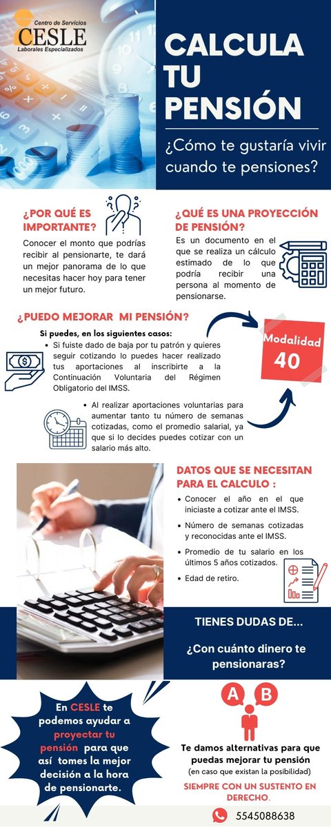 CESLE4's tweet photo. ¿Sabes con cuánto dinero te pensionaras?
Aquí te dejamos la importancia de hacer una “Proyección de Pensión”. ✍️🧾
No dudes en acércate con nosotros para más información y agendar tu cita vía WhatsApp al 55 4508 8638.☎️
#CESLE #Calculodepension https://t.co/b0quTLMN4L