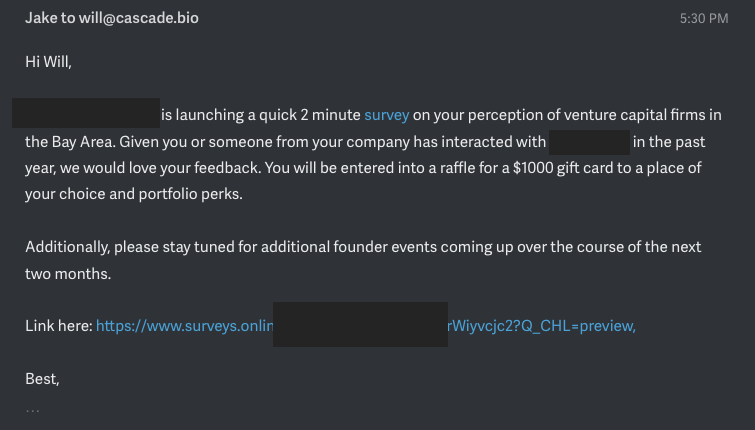WillManidis's tweet photo. we pitched a vc firm four years ago that instantly leaked all of our numbers and launched a competitor (since out of business)

monthly, they send a survey for feedback. https://t.co/Vuh4GjgNdc
