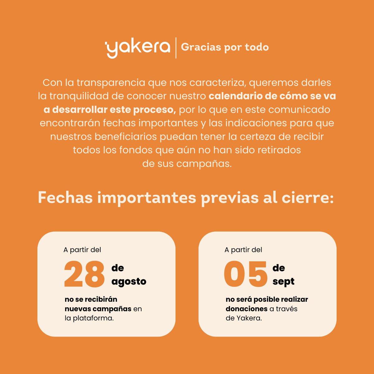 yakeraorg's tweet photo. Gracias infinitas por tanto.

En Yakera cesaremos operaciones pero nos quedamos con sus historias por siempre en el corazón y con el sueño de volver algún día.

Lee nuestro comunicado para informarte acerca de nuestro calendario de cierre.

Con cariño siempre,
Equipo Yakera 🧡 https://t.co/vK856vy1ua