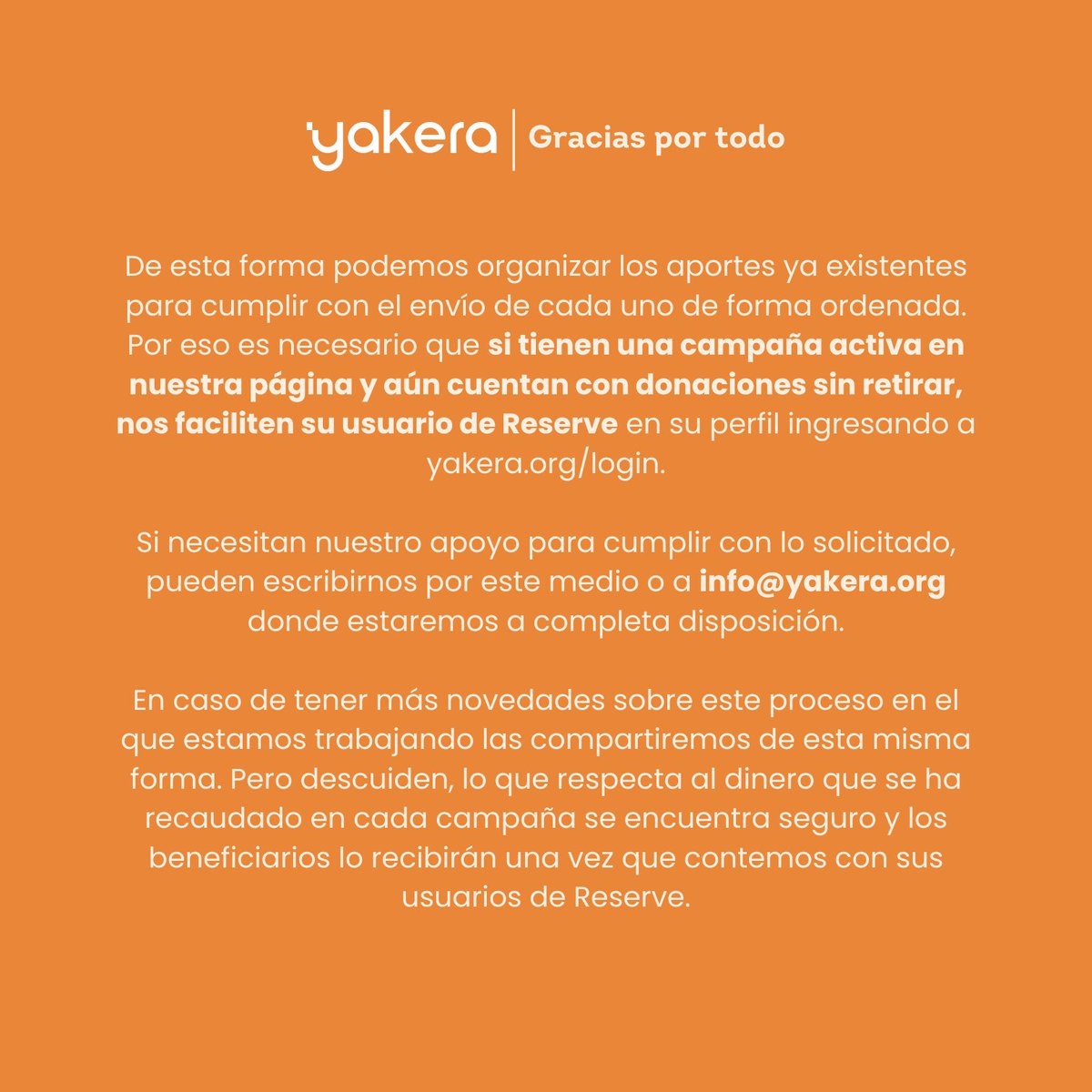 yakeraorg's tweet photo. Gracias infinitas por tanto.

En Yakera cesaremos operaciones pero nos quedamos con sus historias por siempre en el corazón y con el sueño de volver algún día.

Lee nuestro comunicado para informarte acerca de nuestro calendario de cierre.

Con cariño siempre,
Equipo Yakera 🧡 https://t.co/vK856vy1ua
