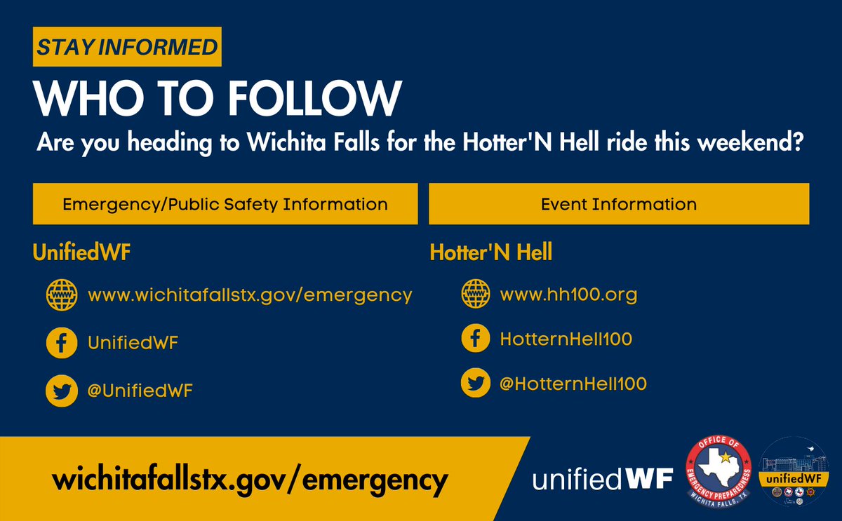 UnifiedWf's tweet photo. #HotterNHell | Are you heading to Wichita Falls this weekend for #HHH100? Take time now to follow and like @UnifiedWf & @HotternHell100 for event and public safety information.
Also visit, https://t.co/XYHpYM0Uuk for rest stop updates and road closures.
#WichitaFalls #HHH https://t.co/OZuHUr87cC