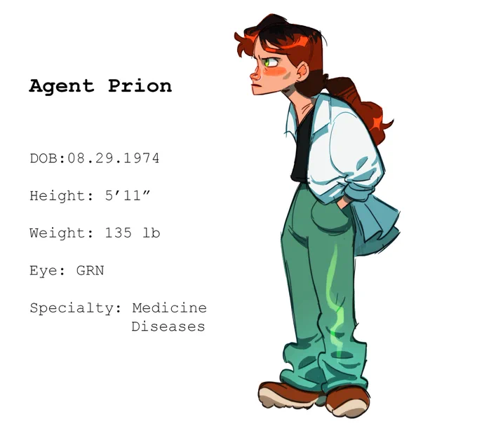 My dnd character for a delta green campaign! They're a mess (a scientific mess) 