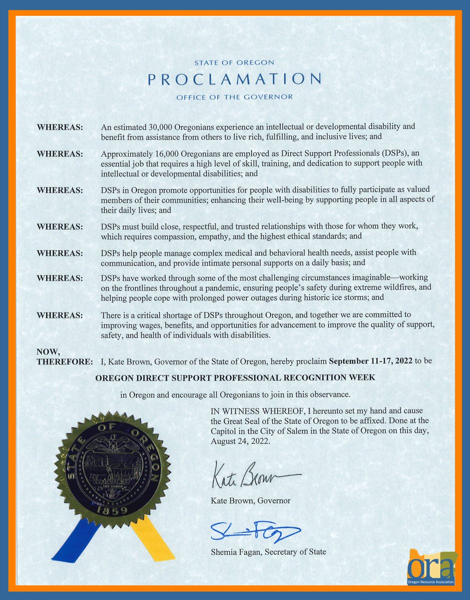 OrResourceAssoc's tweet photo. ORA is excited to share the Governor’s proclamation declaring Sept. 11-17 DSP Recognition Week! Plan ahead to appreciate these 16,000 Essential Workers who are dedicated to supporting people with intellectual, developmental and other disabilities to thrive in their communities! https://t.co/SePpZQYN2o