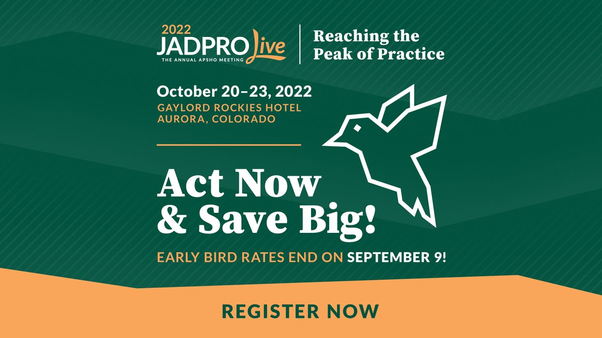 Advanced practitioners in oncology/hematology – we're officially 2 weeks out from the #earlybird deadline for #JADPROLive registration! Take advantage of the best rate and start planning! We can't wait to see you in October in beautiful Aurora, #Colorado ow.ly/xlSL50KrxsE