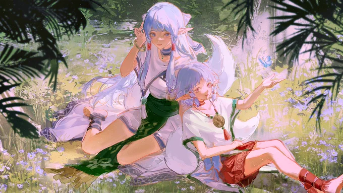 Illustration of Olha and Isha from Ys  The Ark of Napishtim. I had a lovely time drawing them as their designs are so cute and pretty!  #YsSisterVibe 
