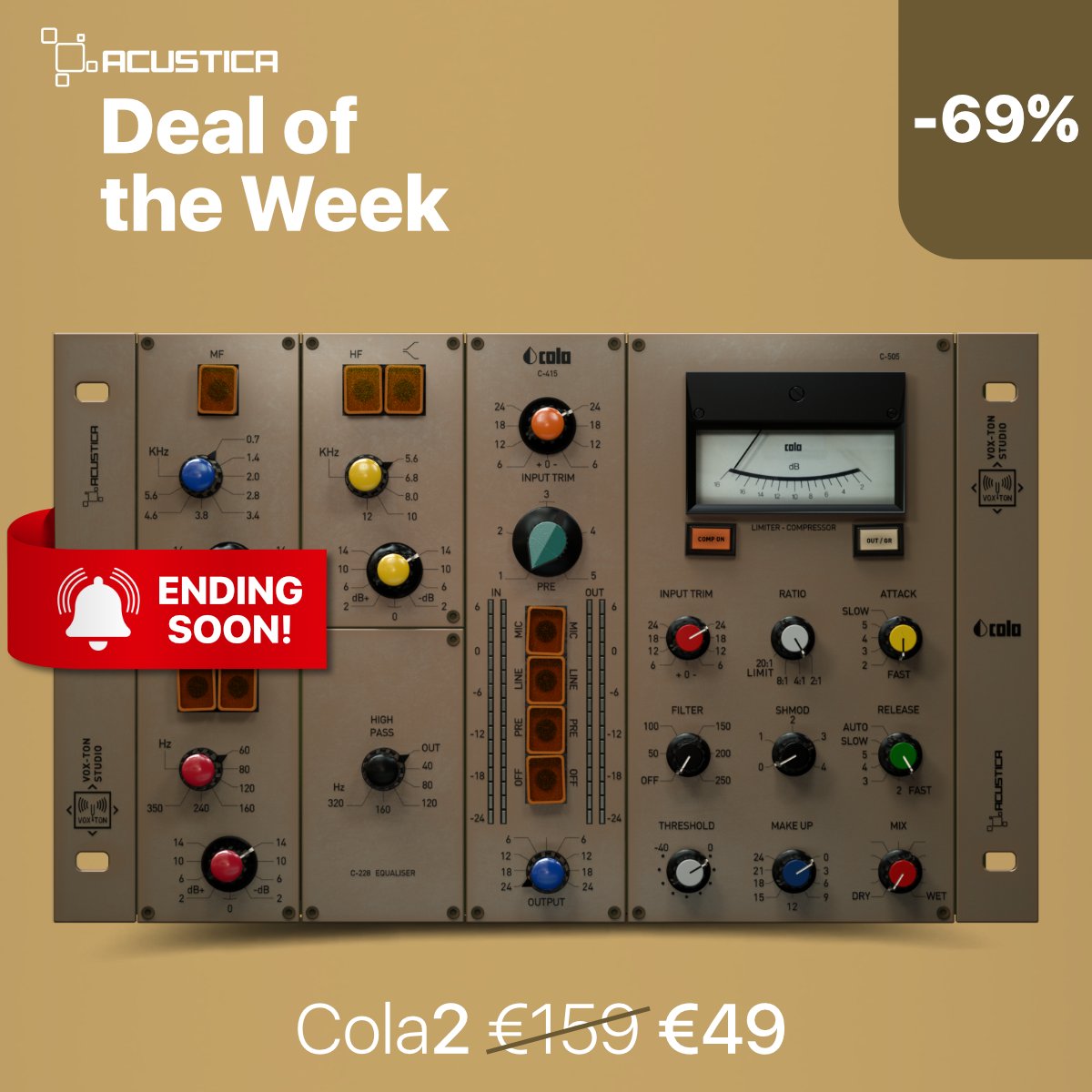 AcusticaAudio's tweet photo. ⏰ Our Weekly deals are ending soon!
Get Cola and Emerald at an incredible price before August 28, 2022.
https://t.co/w13N4I5t2E

#acusticaaudio #plugindeals #SaturdayMotivation  #mixing #mastering https://t.co/l64f4FO9R6