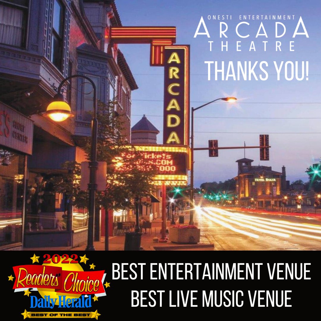 ArcadaTheatre's tweet photo. Arcada Theatre WON the Daily Herald's Readers Choice Awards for the Best Entertainment Venue and the Best Live Music Venue awards! We thank all of you for voting, and coming to the Arcada Theatre for events EVERY week!
#dailyherald #bestlivemusic #venue #bestvenue #best https://t.co/7ZgKFKioXu