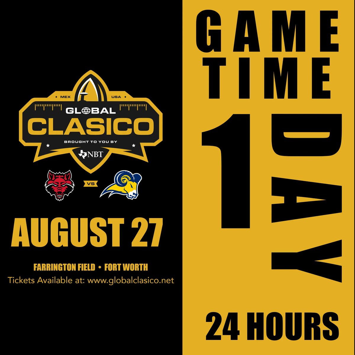Countdown to Go Time! The final week with all the final preparations for the  bands, the players, the coaches and the organizers. The final yard to touchdown. #GobalClasico #footballamericano #TEXvsASUQC #USAvsMex <a href="/txwesfootball/">TxWes Football</a> <a href="/astateredwolves/">Arkansas State Red Wolves Athletics</a> <a href="/coachtajonar/">Antonio Tajonar</a> <a href="/coachjptxwes/">Joe Prud'homme</a>