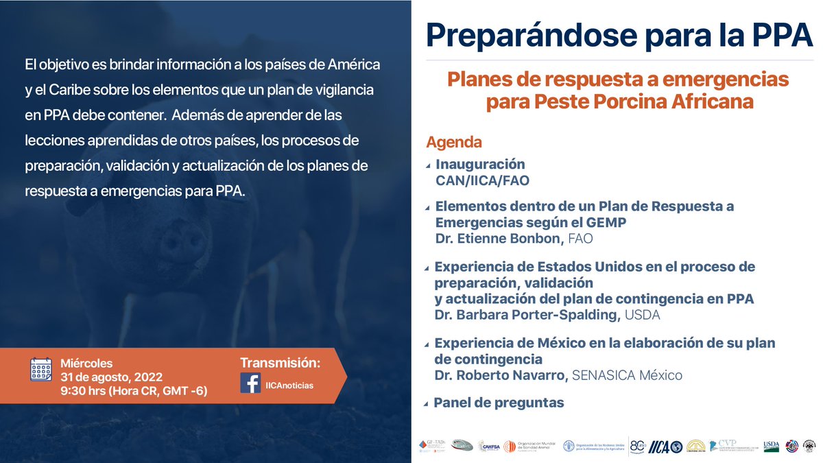 #SaludAnimal🐷 Invitan a Webinar💻 sobre planes de respuesta a emergencias para Peste Porcina Africana 🐖 #PPA ¡Participa!
 
🗓️: 31 de agosto de 2022

⏰: 09:30 am 🇧🇿🇬🇹🇸🇻🇭🇳🇳🇮🇨🇷
        10:30 am 🇲🇽🇵🇦
        11:30 am 🇩🇴🇭🇹

Transmisión: bit.ly/3pDk8Kt