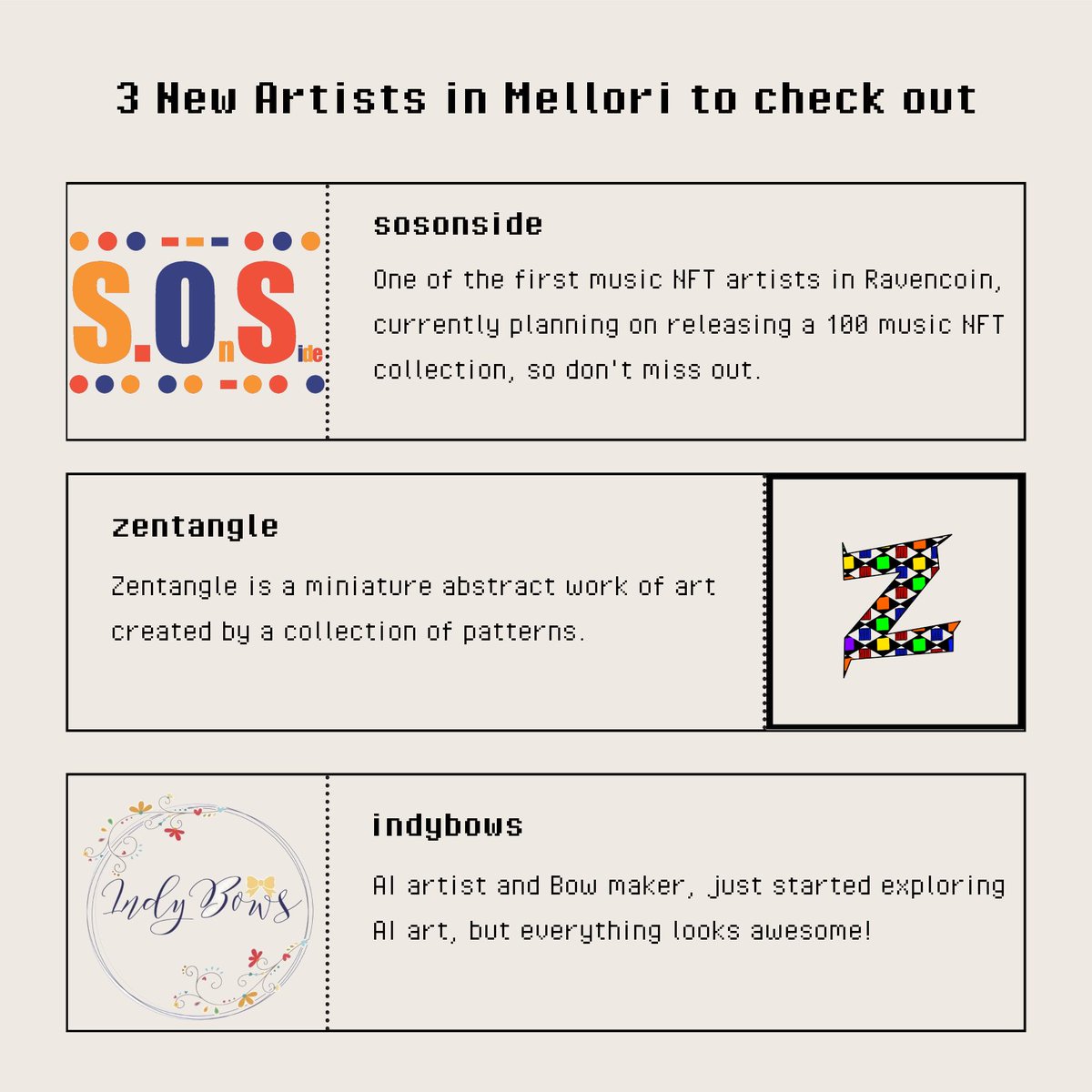 Awesome new artists in Mellori to checkout!

👉 <a href="/sosonside/">sosonside</a> 
👉 <a href="/zentanglervn/">Zentangle 🅁🅅🄽</a> 
👉 <a href="/IndyBows/">IndyBows 🅁🅅🄽 𓄿</a> 

mellori.market/collections

#RVN #Ravencoin #RVN #Mellori #NFTs