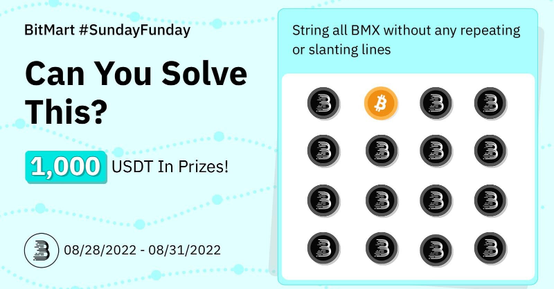 BitMartExchange's tweet photo. #SundayFunday Connect all of the $BMX without any repeating or slanting lines for a shot at $20 USDT

1️⃣ Follow us, RT &amp; tag 3 friends

2️⃣ Sign up with #BitMart https://t.co/e1Z81t3yTw

3️⃣ Fill in the form 👉 https://t.co/M5RbVsjb7h

50 lucky winners will share $1,000 USDT 🎁