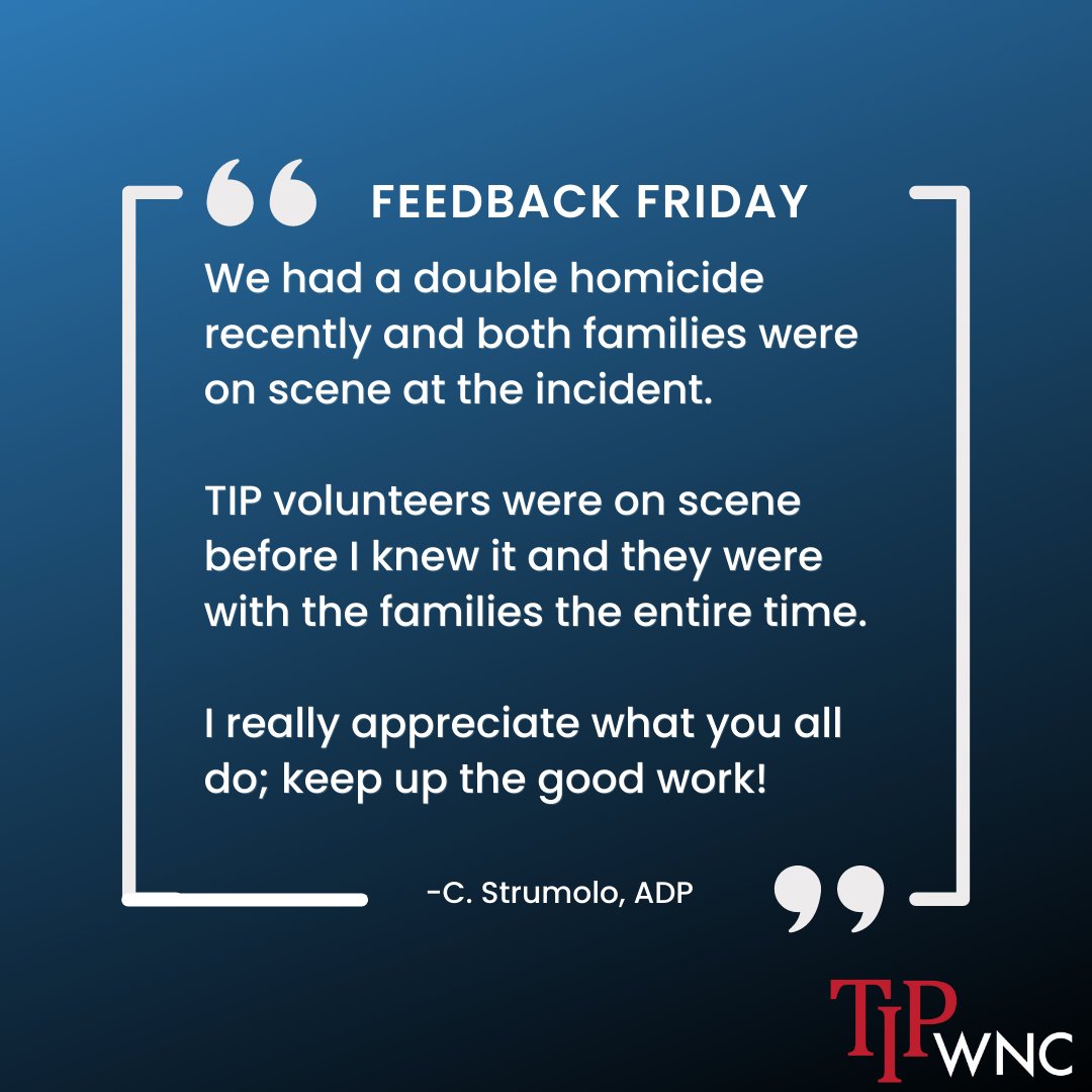 TIPofWNC's tweet image. We are so appreciative to our volunteers who can be with the families during these times in need. Thank you, @AshevillePolice for sending in this #FeedbackFriday.
To volunteer with TIP of WNC, sign up for our next training academy beginning next month! tipofwnc.org/volunteer