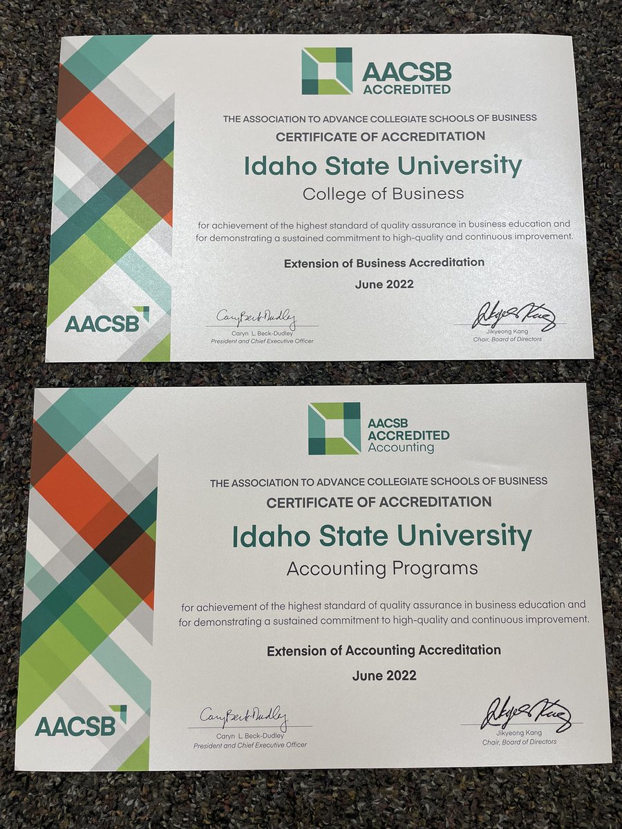 DrShaneHunt's tweet photo. We were excited for the mail we received late today as it contained our new AACSB re-accreditation certificates.  The ISU College of Business is so proud to be one of only 188 Universities in the world that are AACSB accredited in both Business and Accounting. Go Bengals!!!! https://t.co/g14GZa6hCZ