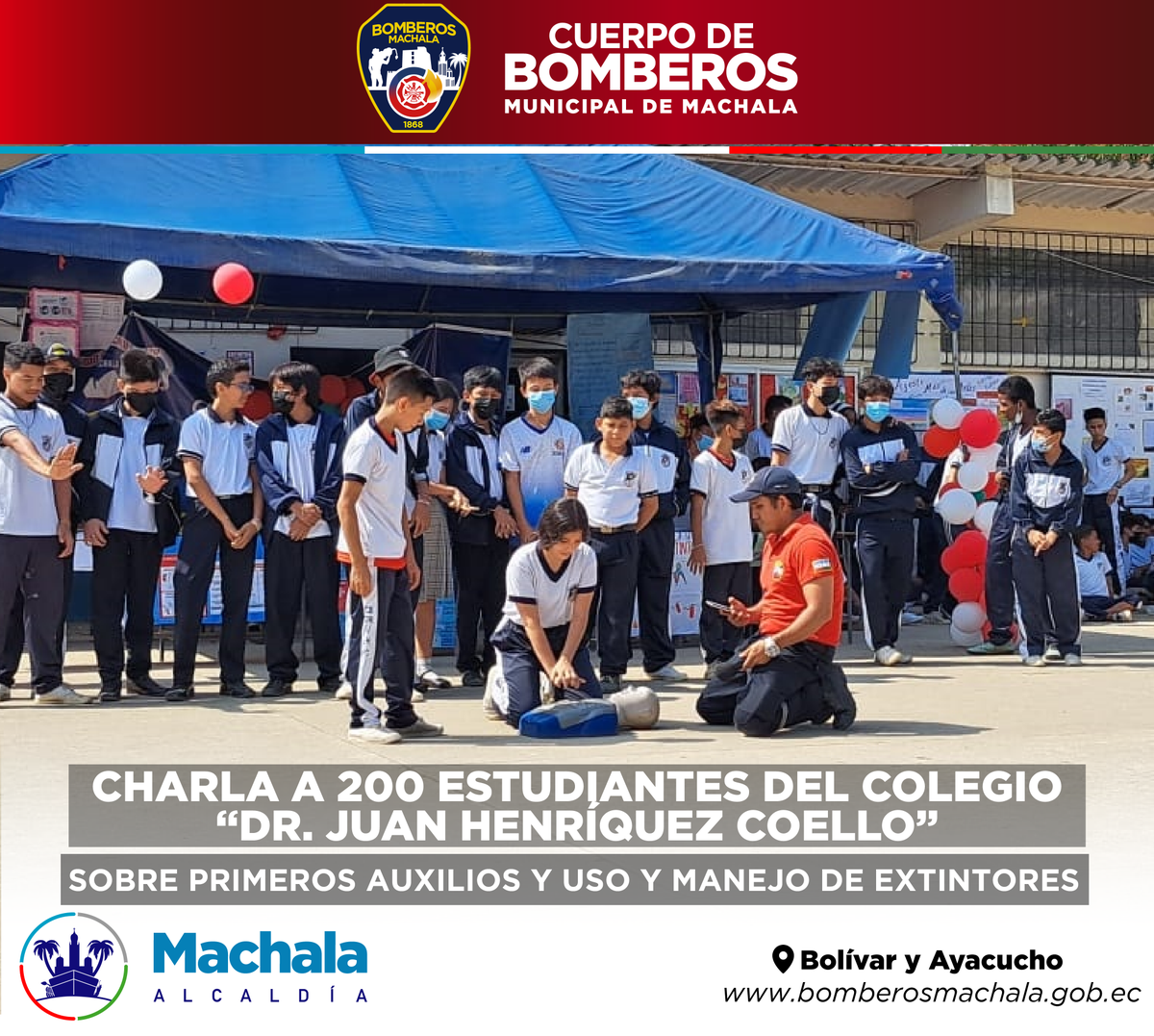 MachalaBomberos's tweet photo. La escuela de Capacitación y Formación ante el requerimiento de la Comisión de Riesgo y Seguridad del Colegio de Bachillerato “Dr. Juan Henríquez Coello”, brindó charlas a más de 200 estudiantes de la entidad educativa de las secciones Bachillerato y Básica Superior. https://t.co/zjrZ8BzRrk
