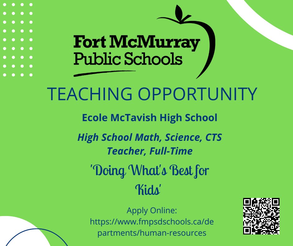 fmpsdHR's tweet photo. Our school is growing and we are looking for an energetic high school Math/Science/CTS teacher to join the team. We offer support for new teachers and excellent PD opportunities. Apply online: https://t.co/yr2jzw68NL #TeachingJobs #TeachInAlberta #MathTeacher #ScienceTeacher https://t.co/TxfkOFTL05