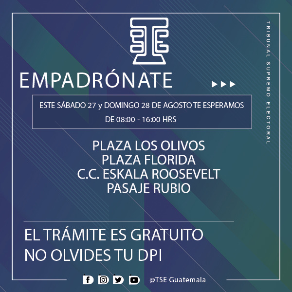TSEGuatemala's tweet photo. #EmpadrónateGuate | Visítanos este fin de semana, para que realices tu trámite de empadronamiento, en nuestros equipos móviles ubicados en Plaza Los Olivos, Plaza Florida, Pasaje Rubio zona 1 y en el centro comercial Eskala Roosevelth.
¡Te esperamos de 08:00 a 16:00 horas! https://t.co/wPb8ybO06U