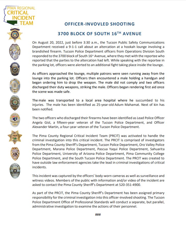 PimaTeam's tweet photo. Pima Regional Critical Incident Team Media Release: TPD OIS 16th Avenue. https://t.co/HyA4neYjox