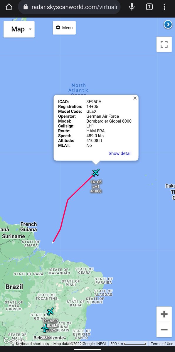 scan_sky's tweet photo. German Air Force π©πͺ - Bombardier Global 6000 - 14+05 - #LH1/#GAF613
Currently Tracking On ADS-C π° Crossing The Atlantic.
Inbound To Humberto Delgado Airport π΅πΉ
The Flight Originally Arrived In Colombia π¨π΄ - El Dorado International Airport At 0008z 21/08/2022. https://t.co/MB5BF6kVU5