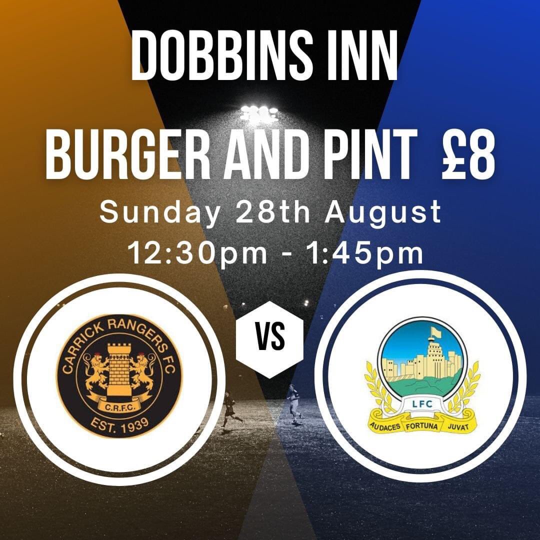 DobbinsInnHotel's tweet photo. Heading to Carrick Rangers Vs Linfield on Sunday?
Our Burger and Pint for £8 deal will be running between 12:30pm and 1:45pm in time for the 2 o'clock kick off.#Carrickfergus #supportinglocalsport #dobbinsinn https://t.co/726aw36kRm