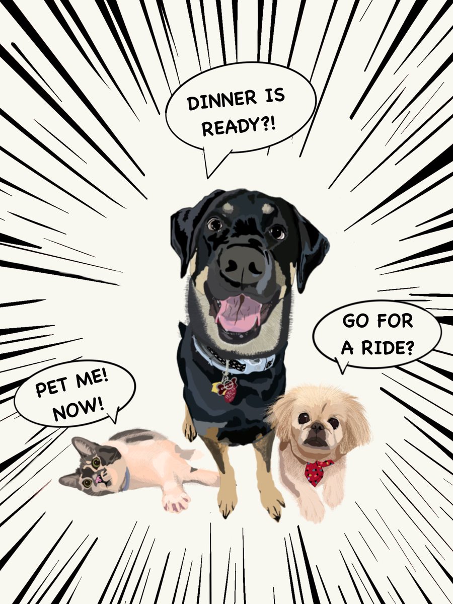 A family “photo” on #nationaldogday (from left to right: Yoyo, Charcoal, Fantuan-aka Riceball) #ipad #digitaldrawing #procreate #petportrait
