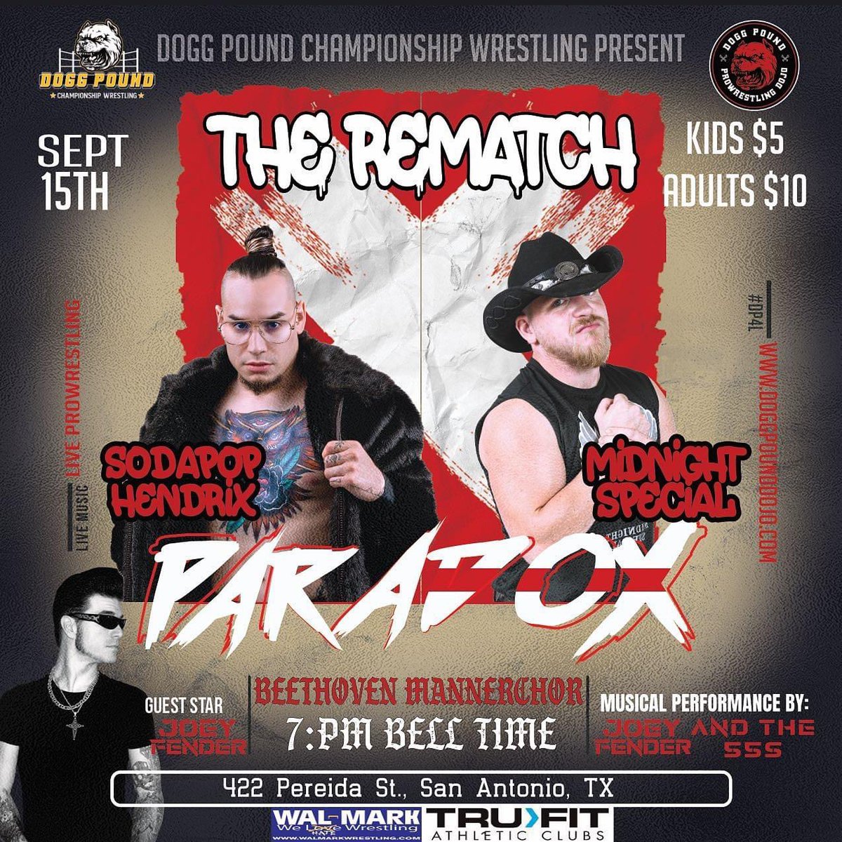 dpcwrestling's tweet photo. MATCH ANNOUNCEMENT
‼️THE REMATCH ‼️
Per DPCW Board of Directors
🚧@Sodapophendrix VS @1MidniteSpecial 🚧
Beethoven Maennerchor
422 Pereida St,
San Antonio, TX 78210
🔔: 7pm
🎟 available at the door!!
#doggpound #DPCW #DP4L #TSWPLUS #dpdj https://t.co/fvC2FPunqv