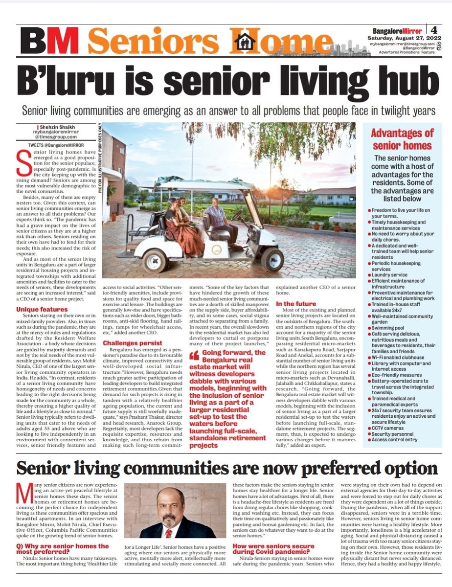 malagi_mahesh's tweet image. Brought out an unique feature on &quot;Senior Homes&quot; in today&apos;s @BangaloreMirror which is well supported by our client columbia pacific communities..@katranjeet @kalicharanRai @vk_response @sridharvMIRROR @HRMMCL_VK