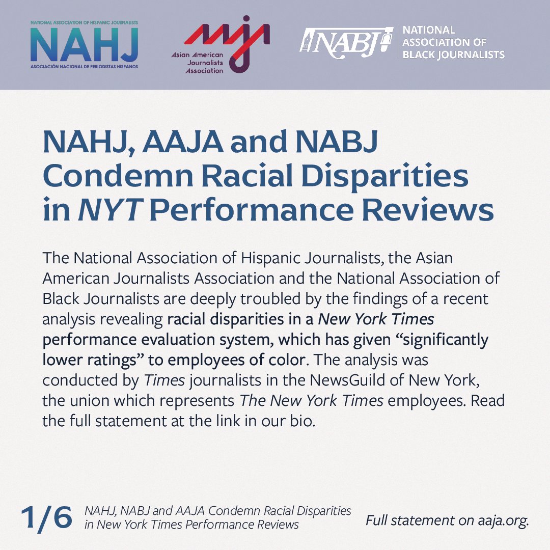 🚨 STATEMENT: <a href="/NAHJ/">NAHJ</a>, AAJA and <a href="/NABJ/">#NABJ Headquarters ✊🏾🖊️🎙️💻 📷 🎥 📝 🔈</a> Condemn Racial Disparities in <a href="/nytimes/">The New York Times</a> Performance Reviews. 
The analysis was conducted by Times journalists with the <a href="/nyguild/">NewsGuild of New York</a>. Read more about the statement, ft. <a href="/YCabreraOC/">Yvette Cabrera</a>, <a href="/Dorothy4NABJ/">Dorothy Tucker NABJ</a> &amp; <a href="/myhlee/">Michelle Ye Hee Lee</a>, in this thread 🧵
aaja.org/2022/08/26/nah…